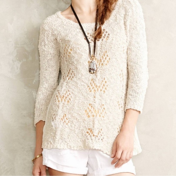 Anthropologie Pointelle Pullover Ivory Tunic Top By Knitted & Knotted Size M - Picture 1 of 7